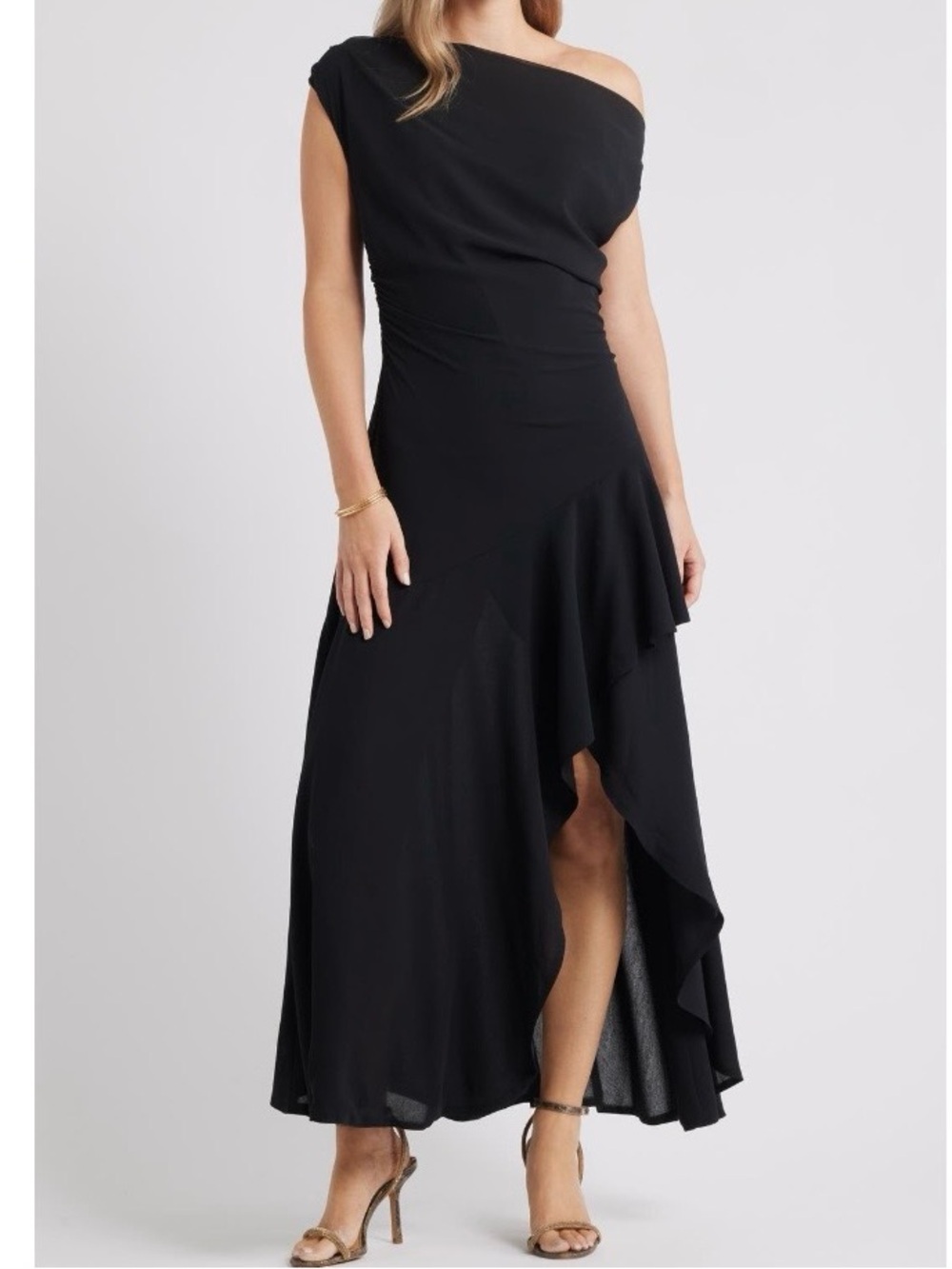 NEW Chelsea 28 Cascading Off The Shoulder Black Midi Dress Women’s Size XS
